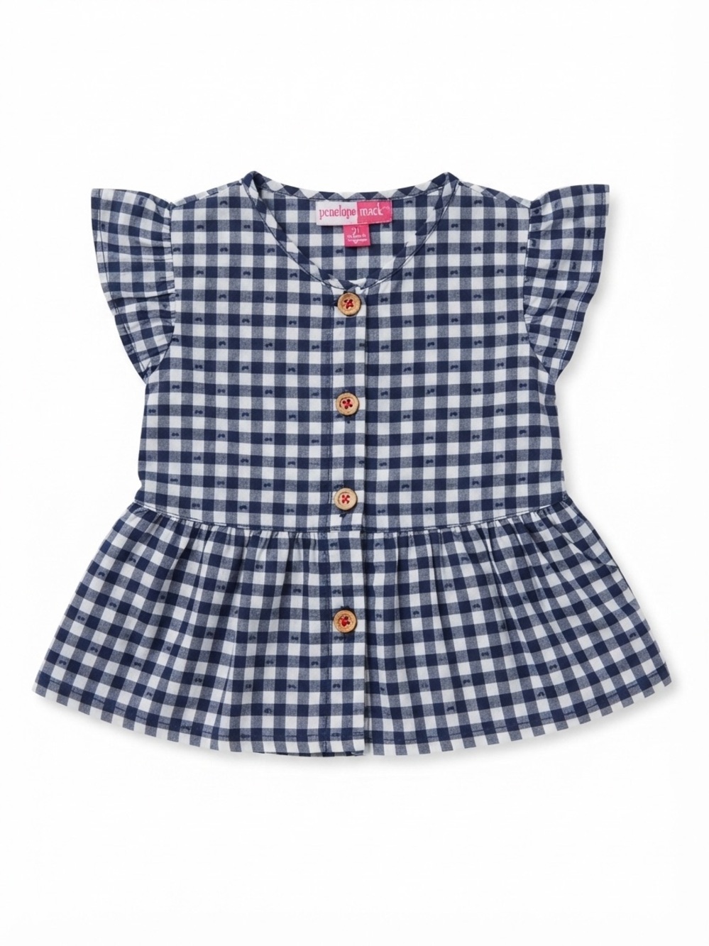 Penelope Mack Navy & White Gingham Button Henley Top 3T
